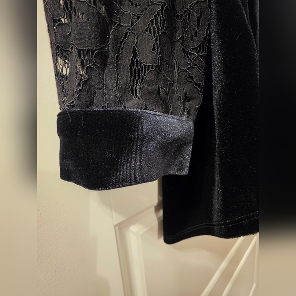 Kasper Plus Split Vneck Velvet Lace Longsleeve Top - Picture 9 of 10